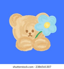 Teddybär mit Blume im Farbstil für Cartoon-Charakter, Markenlogo, Tiersymbol, Tiersymbol, Tierverzierung, Aufkleber, Tätowierung, Comic, Maskottchen, Druck, Social Media-Post, Druck, Werbung, Banner