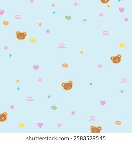Teddy bear, flower, heart on pastel blue background for wallpaper, backdrop, animal print, summer pattern, fabric print, picnic blanket, duvet, blossom, gift wrap, packaging, Valentine's Day, zoo