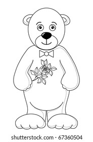 Teddy bear with flower, holiday toy, isolated, contours