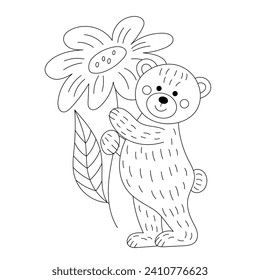 Teddy bear with flowers. Illustration for Valentine's day. Linear drawing for coloring. Vector graphics.