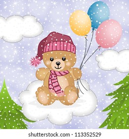 Teddy bear flying balloons in snow
