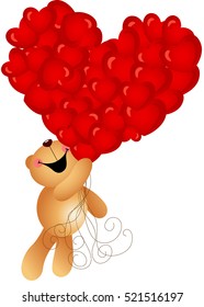 Teddy bear flying with heart balloons
