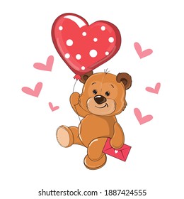 The teddy bear is flying in a heart-shaped balloon. Vector cartoon illustration of funny animals. Valentine's day card