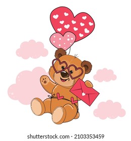 Teddy bear flying on balloons. Vector illustration greeting card for Valentine's Day