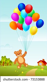 Teddy bear flying on a group of balloons
