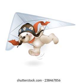 The Teddy bear is flying on a hang glider in the sky