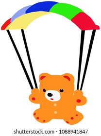 The Teddy bear flying on parachute on white background.