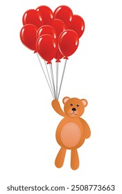 Oso de peluche que vuela en globos rojos aislados. Juguetes e ilustración para niños Arte vectorial