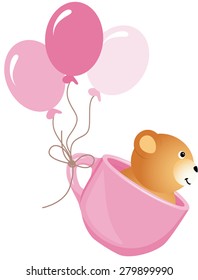 Teddy bear flying in pink cup with balloons