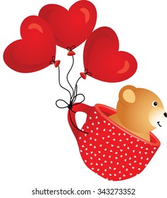 Teddy bear flying in red cup with heart balloons
