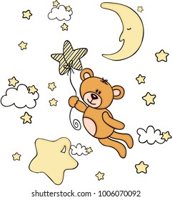 Teddy bear flying with star shaped balloon in sky