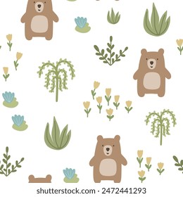 Teddy bear with forest botanicals, green trees, yellow flowers. Woodland animals seamless pattern design.