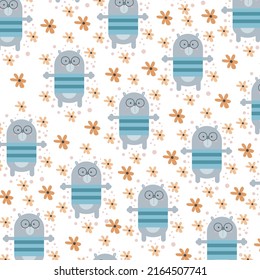 teddy bear in the forest plant leaves vector doodle wallpaper seamless pattern on white background