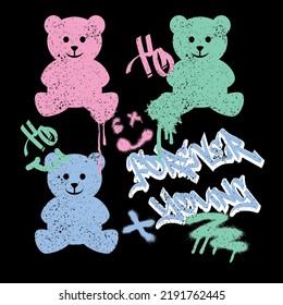Teddy Bear With Forever Young Graffiti Slogan. Vector Illustration. For Graphic Tee T Shirt Or Sweatshirt - Vector