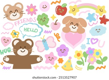 Urso de pelúcia e amigos, incluindo borboleta, cachorrinho, maçã, cereja, folha de trevo, coração, flores, estrela, arco-íris para personagem de desenho animado, cômico, mascote, animais, zoológico, loja de souvenir, emoji feliz, patch fofo