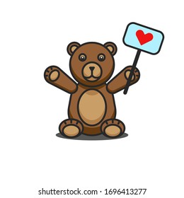 Teddy bear funny cartoon character sitting with raised paws and a sign with a heart signifying like, toy isolated on white background