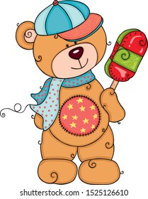 Teddy bear with funny hat eating ice cream on a stick