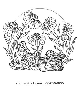 Teddy bear in garden flowers hand drawn for adult coloring book