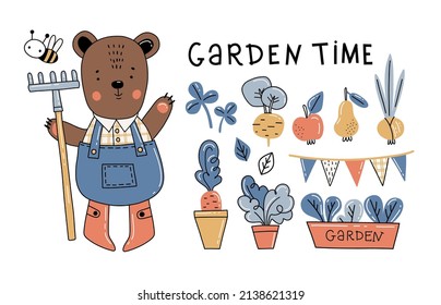 Teddy bear gardener with a rake in red boots and with a collection of vegetables and fruits. Vector illustration. Cute bear in cartoon style. Set of elements for children's textiles, home textiles, ga