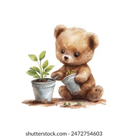 teddy bear gardening vector illustration in watercolor style