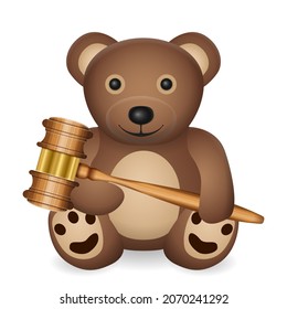 Teddy bear with gavel on a white background. Vector illustration.