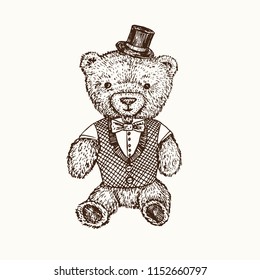 Teddy bear in gentleman suit with bow and top hat, hand drawn doodle sketch, isolated vector outline illustration