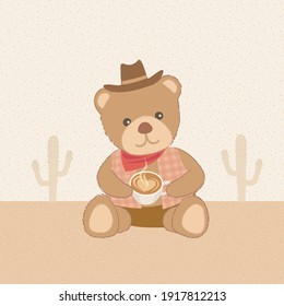 Teddy bear get dressed cowboy costume holding some hot coffee