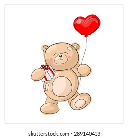 teddy bear with a gift and a balloon in the shape of a heart