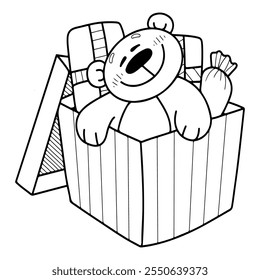 Oso de peluche en una caja de regalo para colorear libro dibujado a mano. Sorpresa para un niño. Lindo juguete para un cumpleaños. Festiva, celebración, saludos. Ilustración de arte de línea de Vector. Página para niños y adultos.