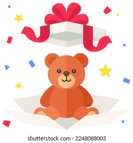 Teddy bear in gift box with confetti vector illustration
