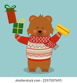 teddy bear with gift box, Cute teddy bear cartoon with a gift box