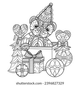 Teddy bear in gift box hand drawn for adult coloring book