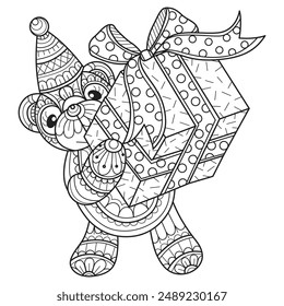 Teddybär und Geschenkbox Hand gezeichnet für Erwachsene Malbuch