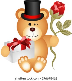 Teddy bear with gift box and red rose
