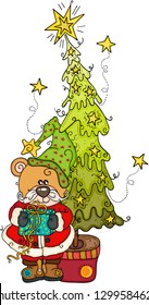 Teddy bear with gift and Christmas pine tree