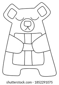 Teddy bear with gift coloring page stock vector ilustration. Funny geometrical bear with closed eyes holds gift box. Simple vertical printable page for coloring. Black outline animal isolated on white