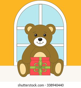 Teddy bear with gift near the window. Vector illustration.