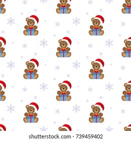 Teddy bear with a gift. Snowfall. Seamless vector illustration on a white background. Flat design style. Swatch inside