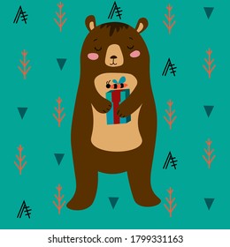 Teddy bear with gift vector illustration for greeting card.