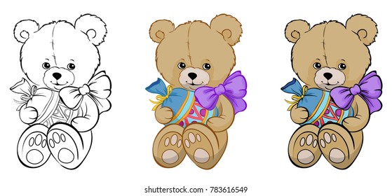 teddy bear with gifts in paws, with a bow