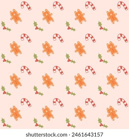 teddy bear ginger bread cookie with candy cane and cherry seamless pattern for christmas decoration