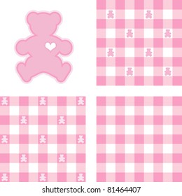 Teddy Bear and Gingham Check Seamless Patterns, pastel pink. Big heart Teddy Bear, 3 check designs. EPS file includes 3 pattern swatches that seamlessly fill any shape.