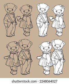 Teddy bear girl and boy. Vector black and white isolated drawing. Valentine's Day. For coloring books and pages.