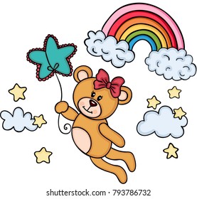 Teddy bear girl flying with star shaped balloon in sky with rainbow
