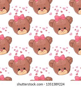 Teddy bear girl with hearts pattern. Cute children's design.