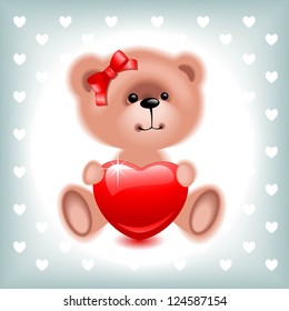 teddy  bear girl with red  heart. Valentine card. Vector illustration