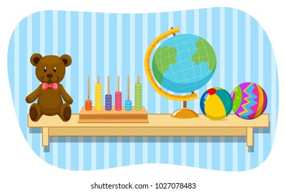 Teddy bear and globe on wooden shelf illustration