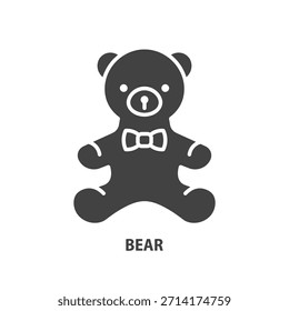 Icono de glifo de oso de peluche. Juguete de peluche sentado con símbolo de Vector de arco.