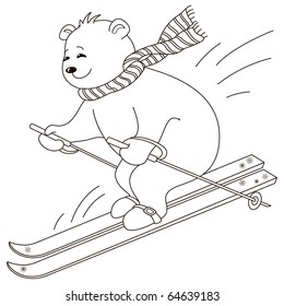 Teddy bear goes for a drive on the mountain skiing, contours