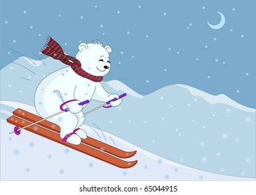 Teddy bear goes on skis from hill against night mountain landscape